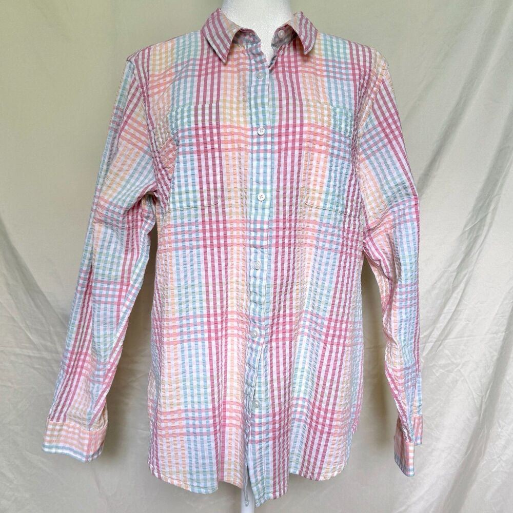 L L Bean button up shirt womens XL pink plaid seersucker long sleeve preppy